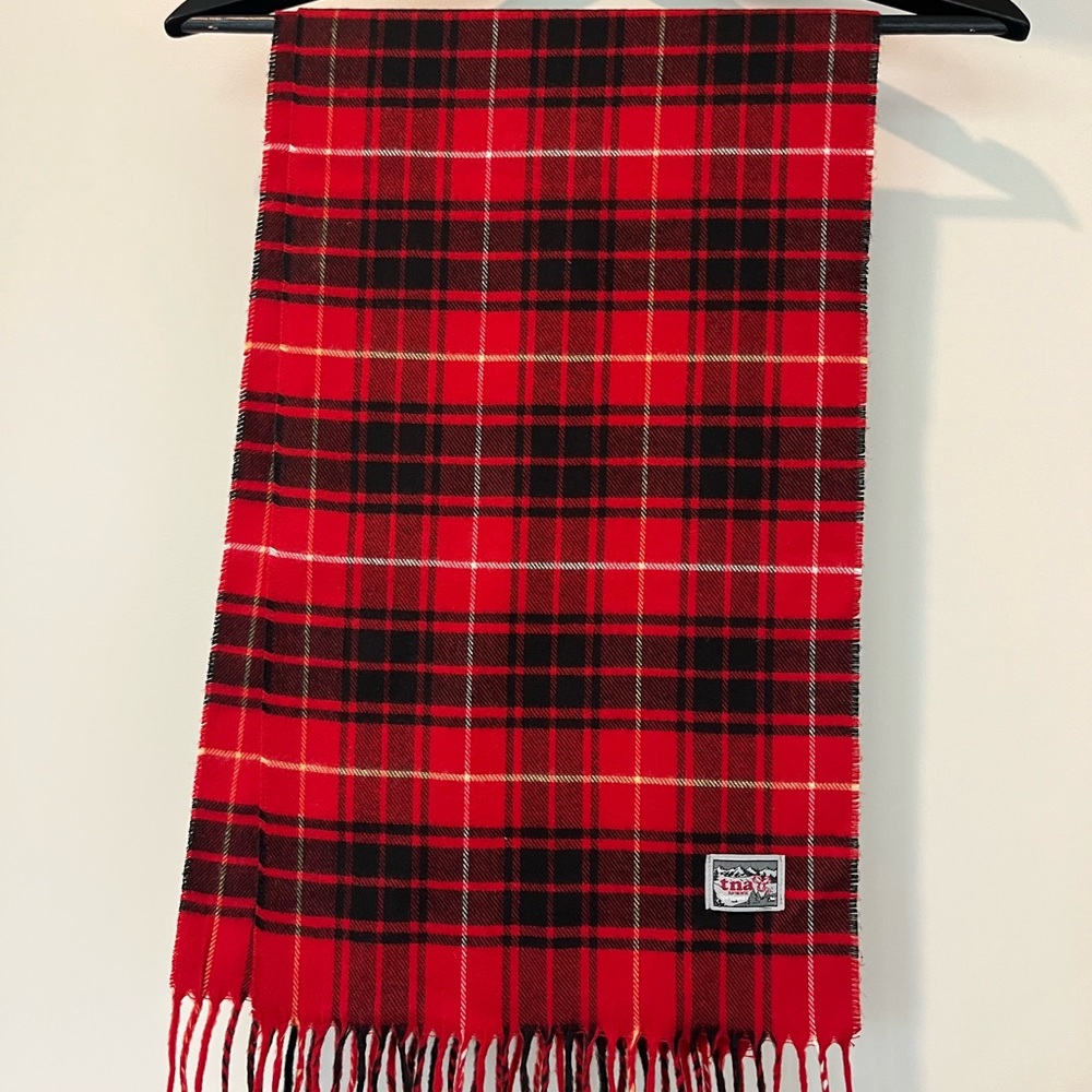 TNA Red and Black Plaid Scarf with Logo Patch
